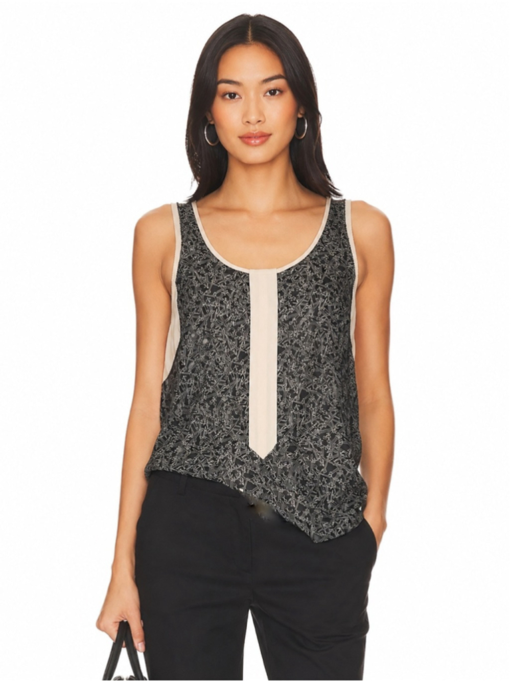 rag & bone Black Printed Tank with Cream Center Trim
